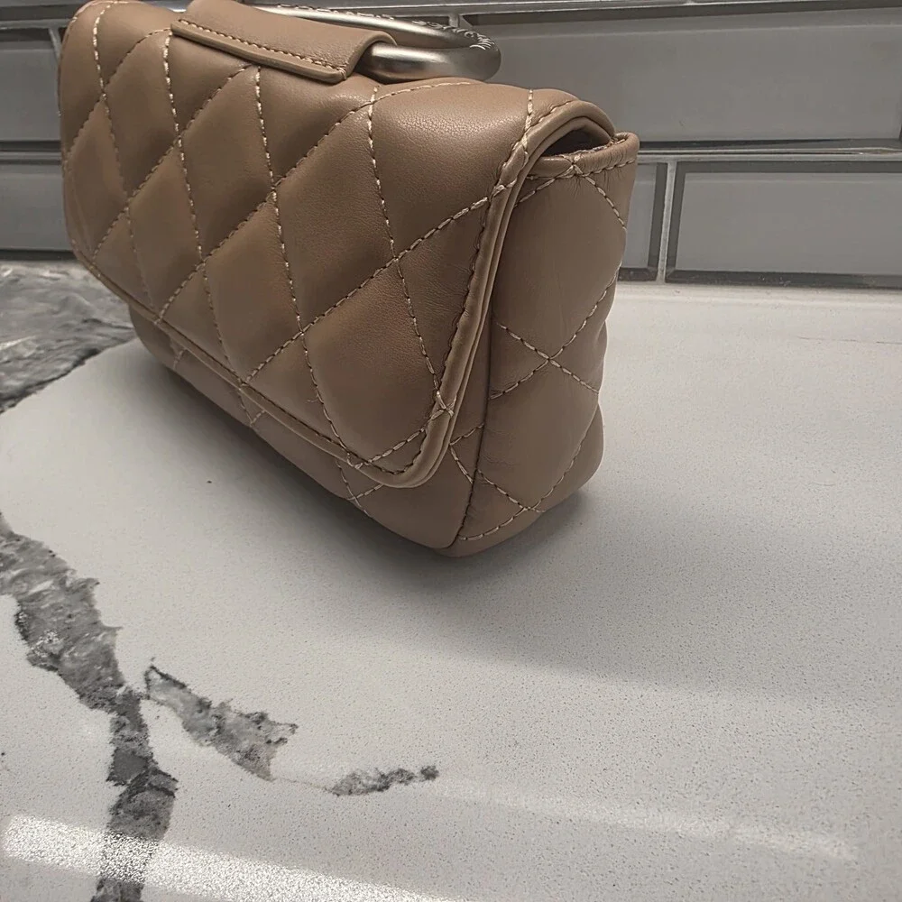 French Connection Quilted‎ Top Handle Crossbody Bag Purse Mell in Latte